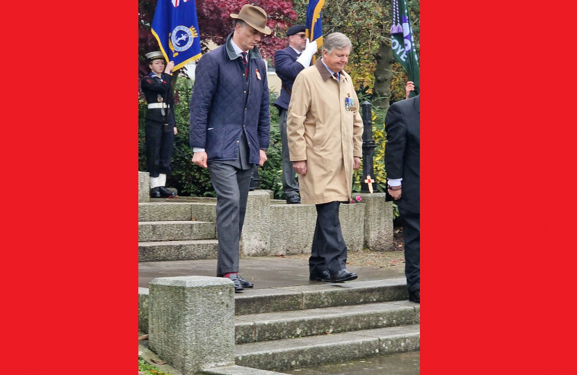 Leo Docherty MP and Hampshire County Cllr Bill Withers at Aldershot Cenotaph. 