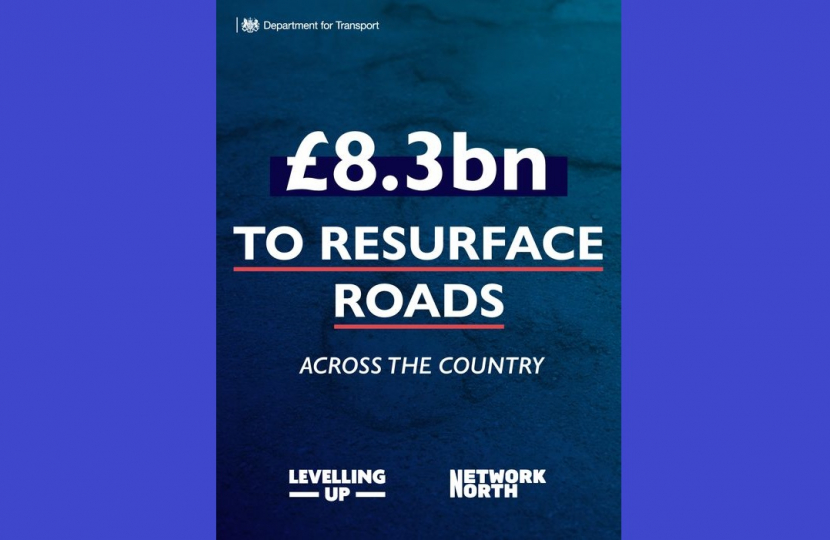 Department for Transport graphic, depicting Government commitment of £8.3 billion to resurface roads across the country