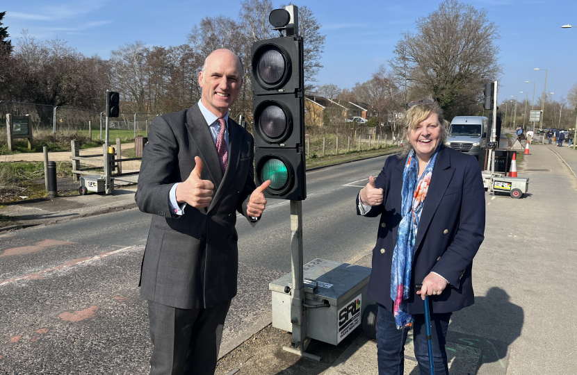 Leo and Cllr Sue Carter next to the new temporary crossing at Southwood Country Park