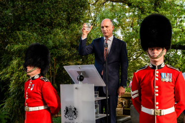 Pictured, Leo at the British Embassy birthday celebrations for King Charles III